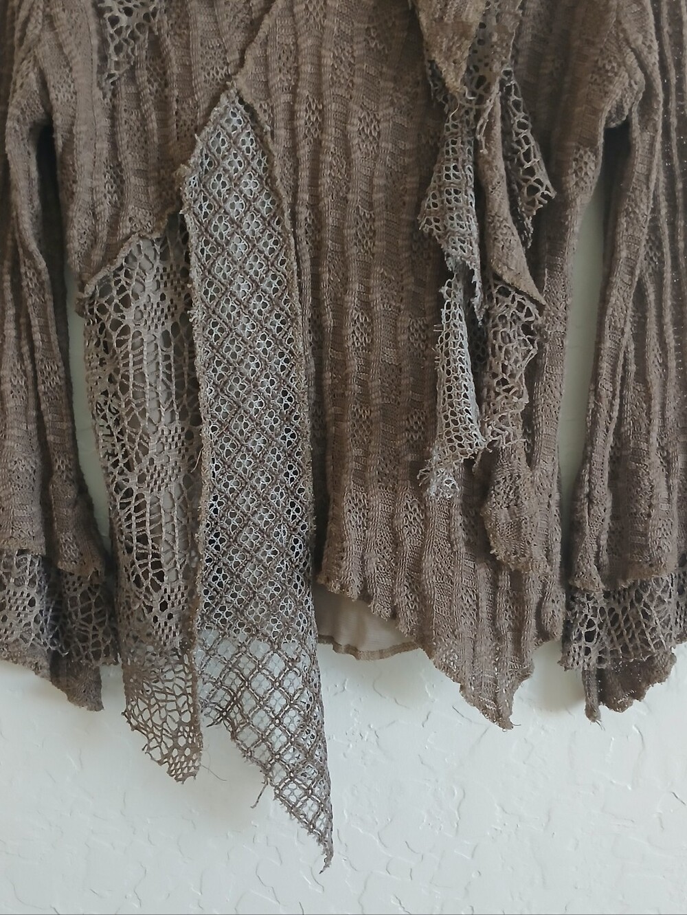 PRETTY ANGEL Mixed Media Goblincore Bell Sleeve Top Women's L Brown Crochet - Picture 4 of 8